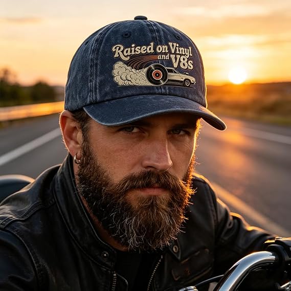 🏽Sista dagen med 49 % rabatt – ”Raised on Vinyl and V8s” – den broderade klassiska kepsen för motorentusiaster