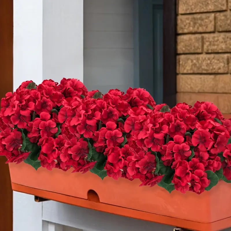 UV-resistenta konstgjorda pelargoner – Röda konstgjorda blommor för uteplats, trädgård och heminredning