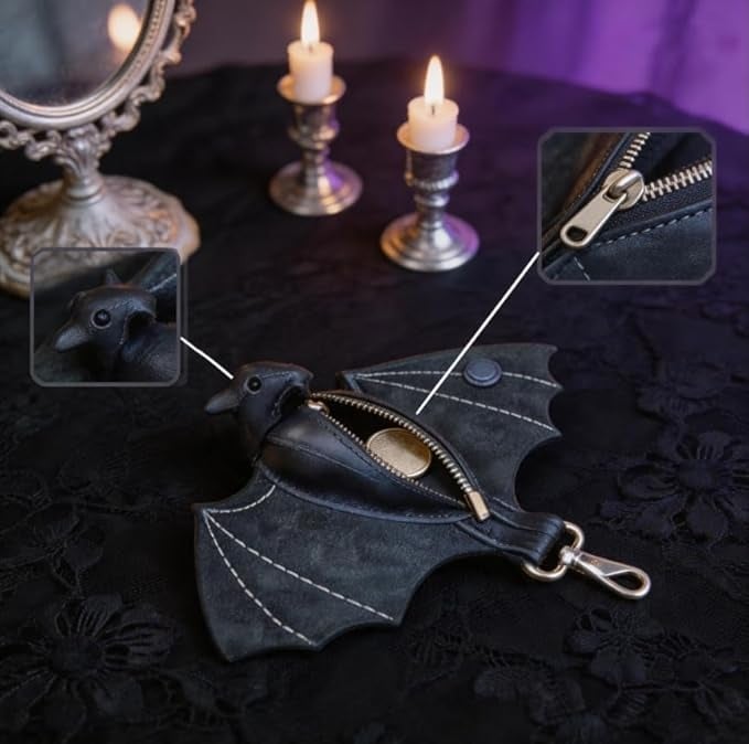 Myntväska i läder med gotisk design och fladdermusmotiv🦇