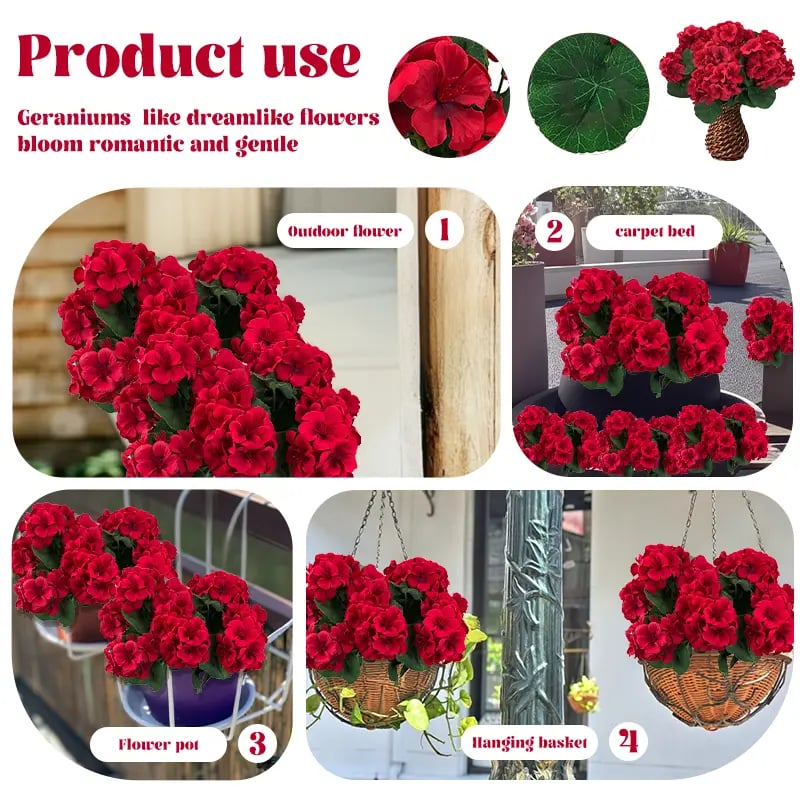 UV-resistenta konstgjorda pelargoner – Röda konstgjorda blommor för uteplats, trädgård och heminredning