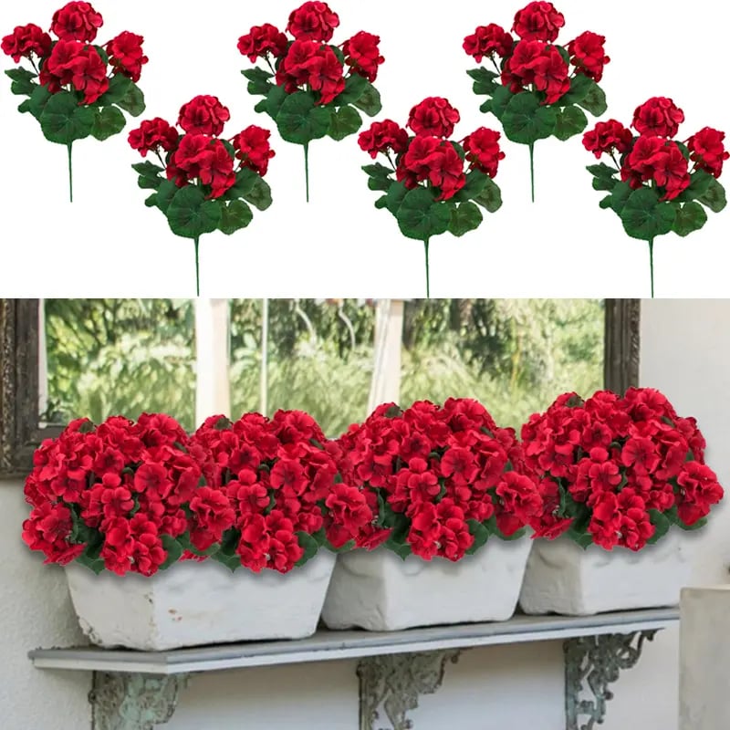 UV-resistenta konstgjorda pelargoner – Röda konstgjorda blommor för uteplats, trädgård och heminredning