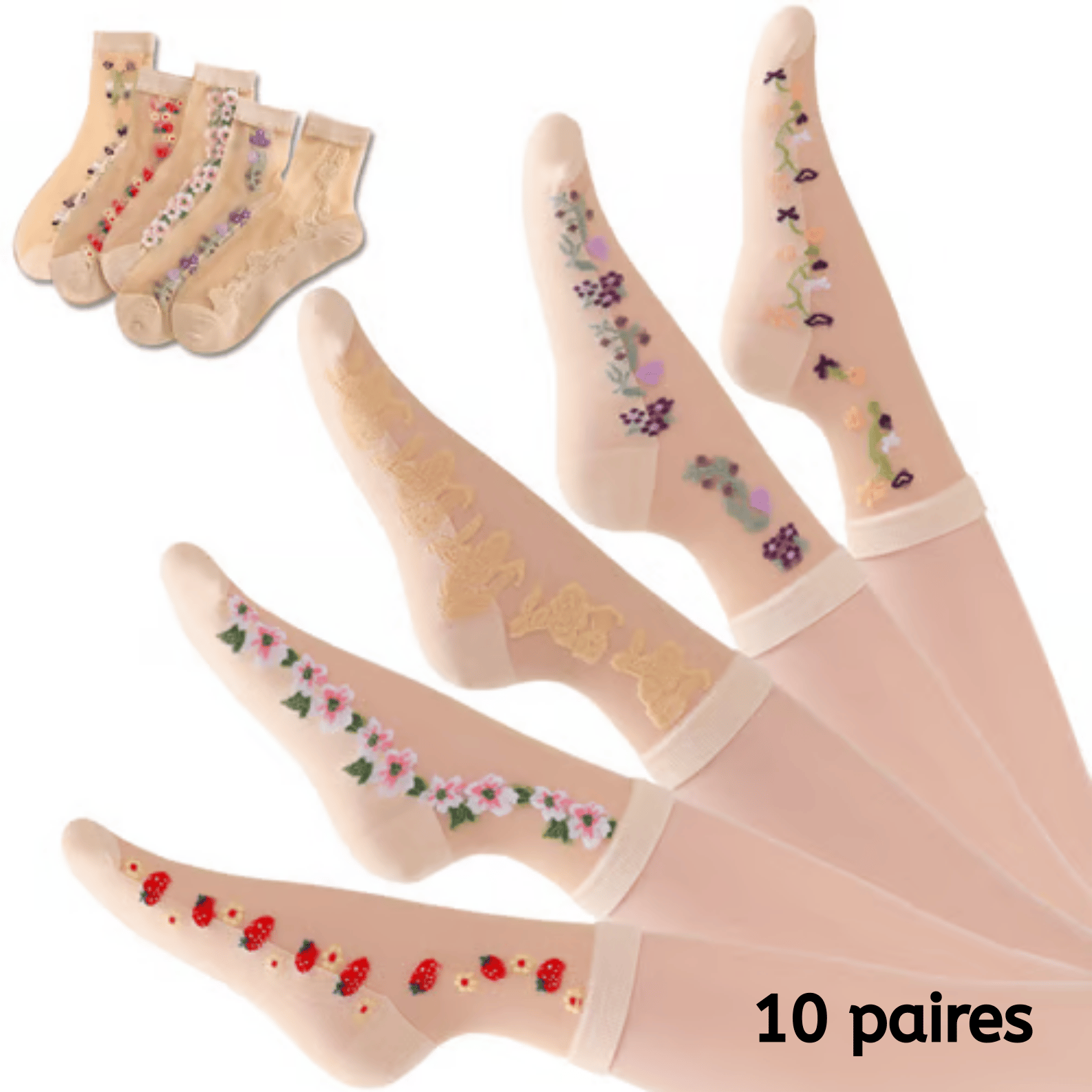 🌸10 par strumpor i glas med blommönster i livfulla färger🌸Eleganta blommiga strumpor för alla tillfällen