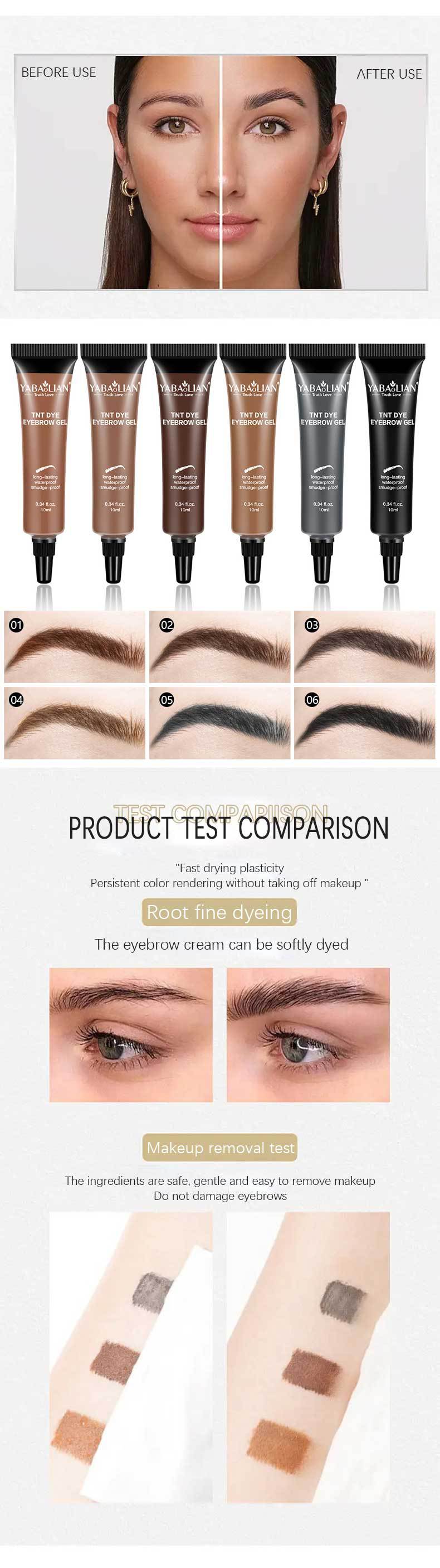 Långvarig, vattenfast och smetfri flytande ögonbrynsgel/färg