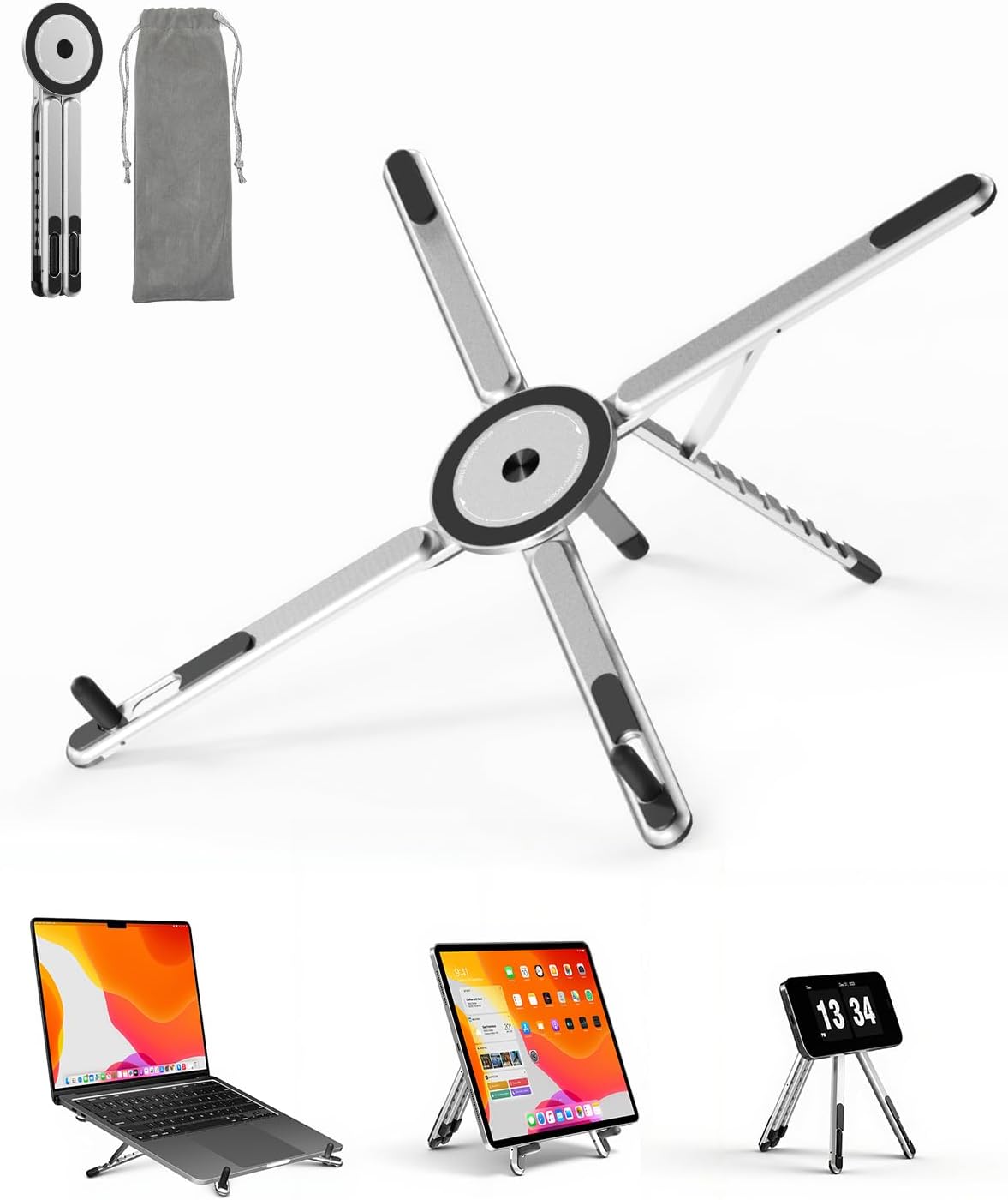 Viozon bärbart laptopstativ för skrivbord, hopfällbart och justerbart datorstativ med magnetisk telefonhållare, laptopstativ i aluminium för bärbara datorer på 10–16 tum och telefoner/surfplattor på 4–13 tum