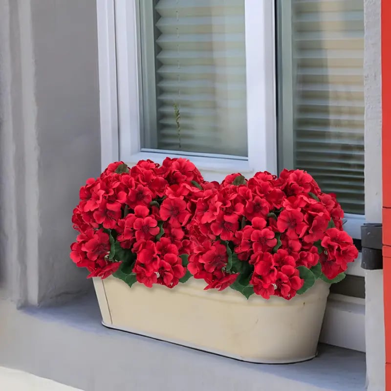 UV-resistenta konstgjorda pelargoner – Röda konstgjorda blommor för uteplats, trädgård och heminredning