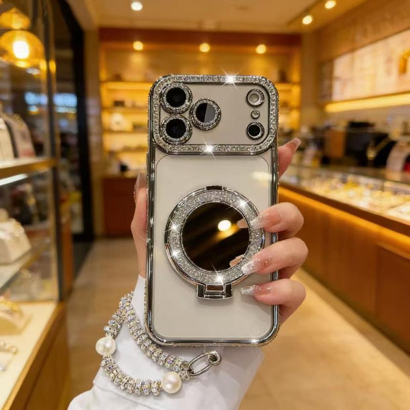 Damfodral med spegel och stativ för iPhone 12/13/14/15/16/17 Pro Max, 17 Air, 14/15/16 Plus