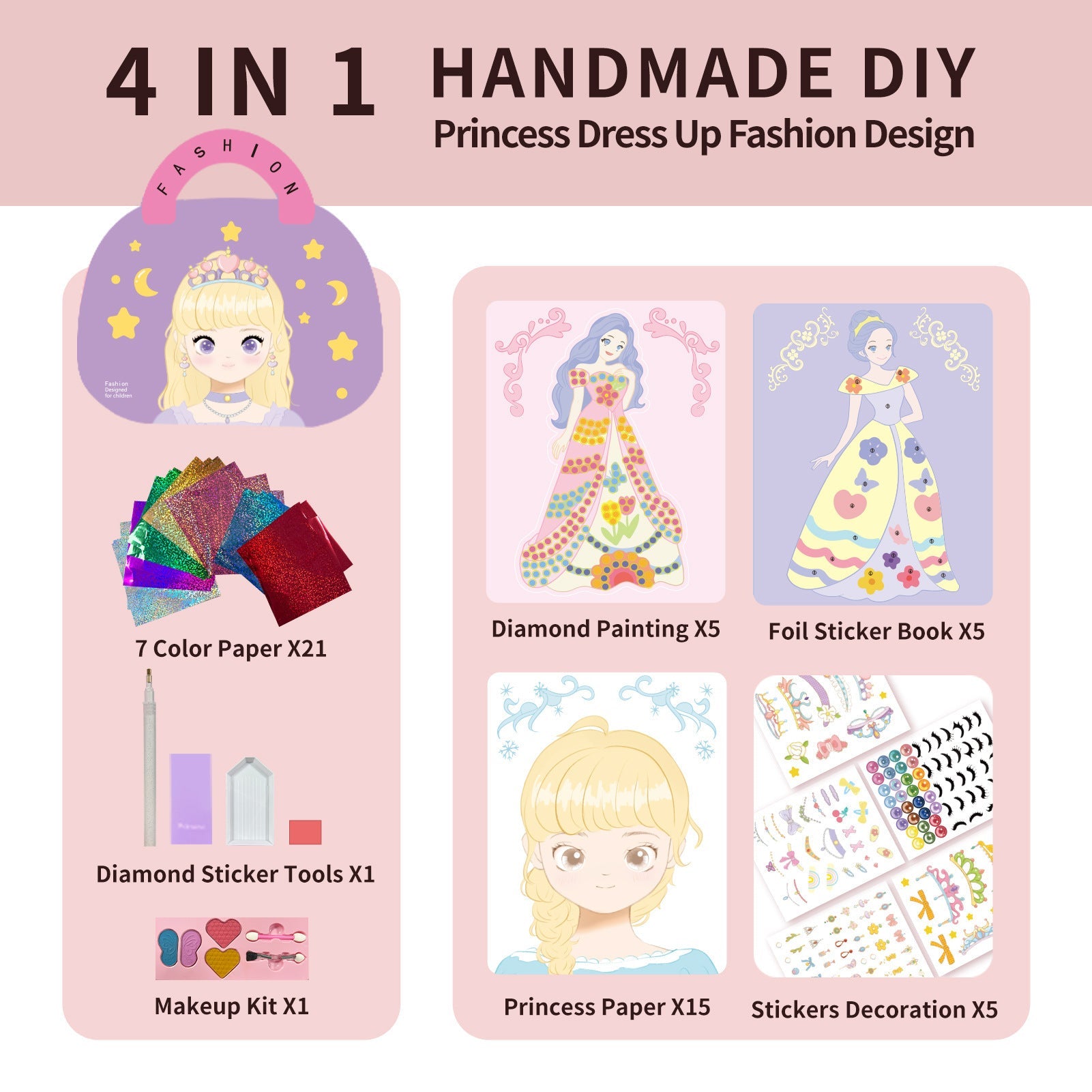 👸Prinsessans DIY-hantverkskit: smink, diamantkonst och klädsel