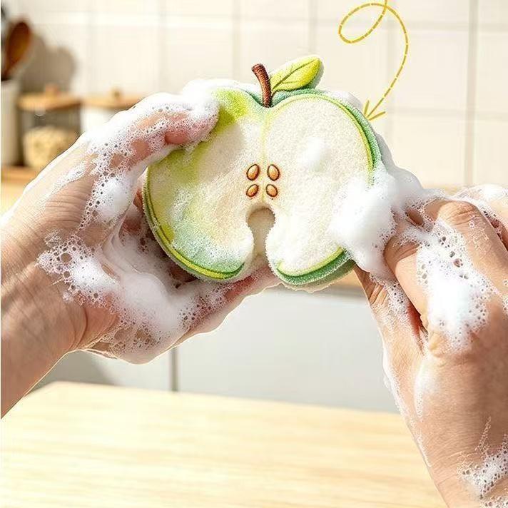 🍎Söt fruktformad svamp av trämassa, dubbelsidiga skurkuddar till köket som inte lämnar repor