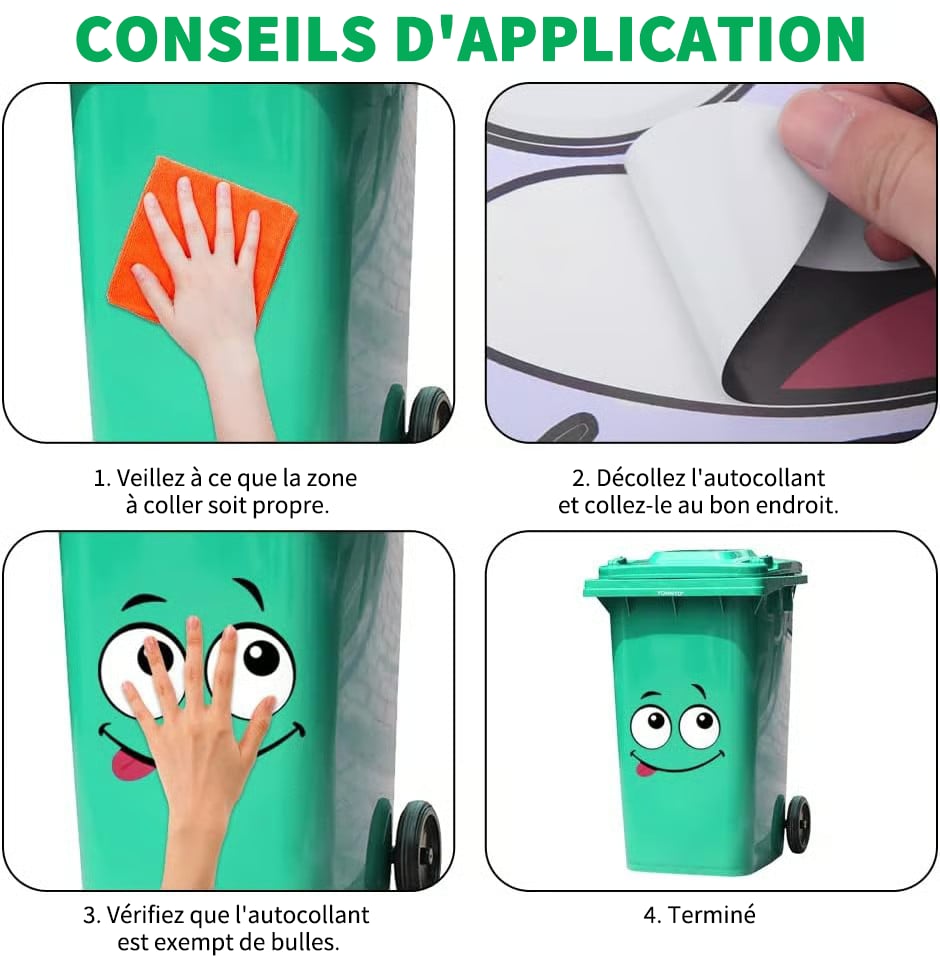 🌱Set med miljövänliga klistermärken för soptunnor (4 fantasifulla ansiktsuttryck: från ett hånfullt leende till ett löjligt uttryck