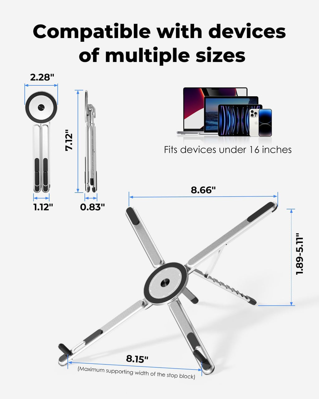 Viozon bärbart laptopstativ för skrivbord, hopfällbart och justerbart datorstativ med magnetisk telefonhållare, laptopstativ i aluminium för bärbara datorer på 10–16 tum och telefoner/surfplattor på 4–13 tum