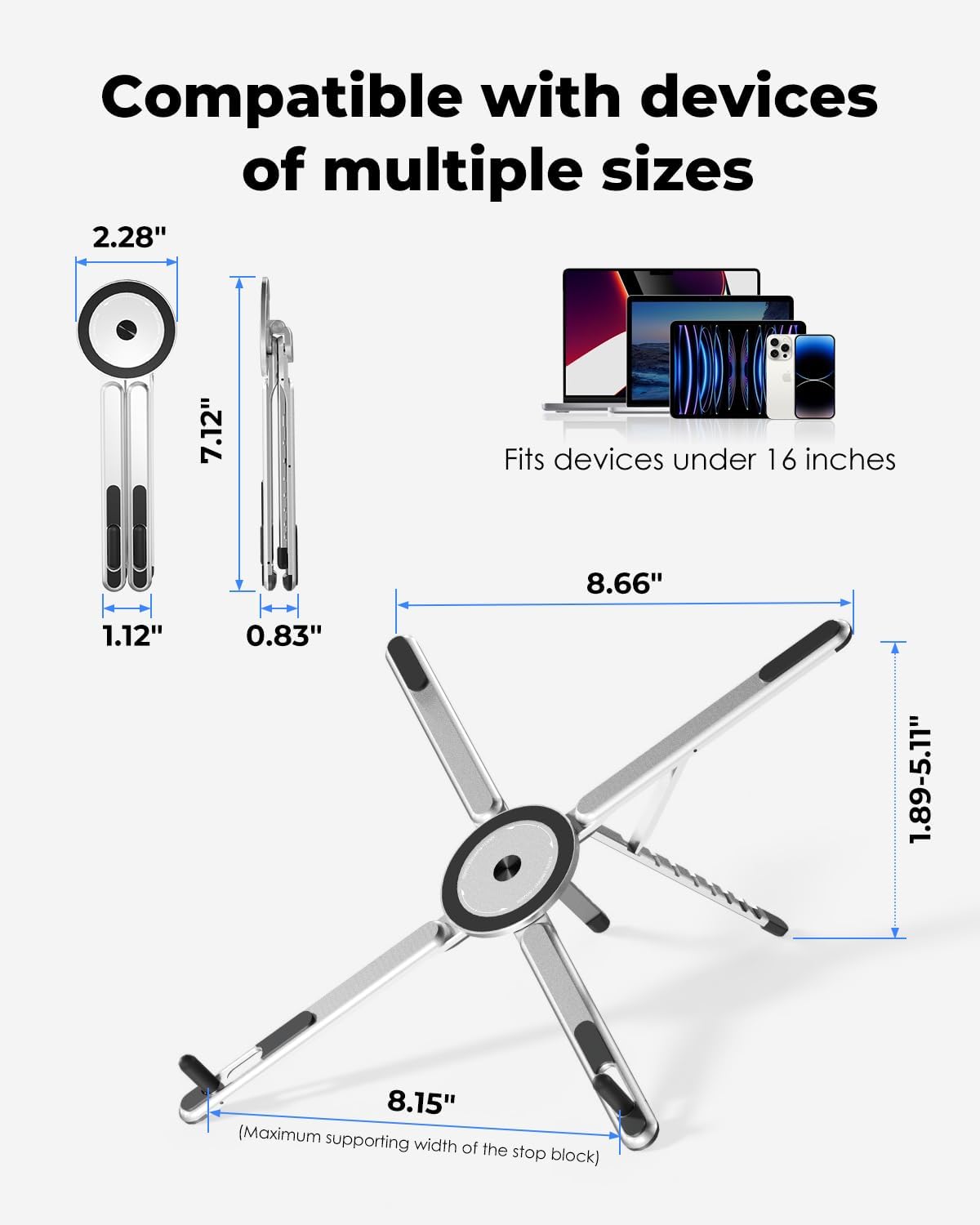 Viozon bärbart laptopstativ för skrivbord, hopfällbart och justerbart datorstativ med magnetisk telefonhållare, laptopstativ i aluminium för bärbara datorer på 10–16 tum och telefoner/surfplattor på 4–13 tum