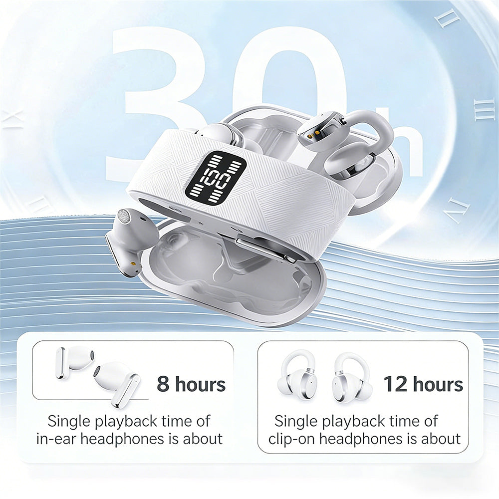 2-i-1 trådlösa Bluetooth-öronsnäckor med öronklämmor och öronproppar | 30 timmars speltid