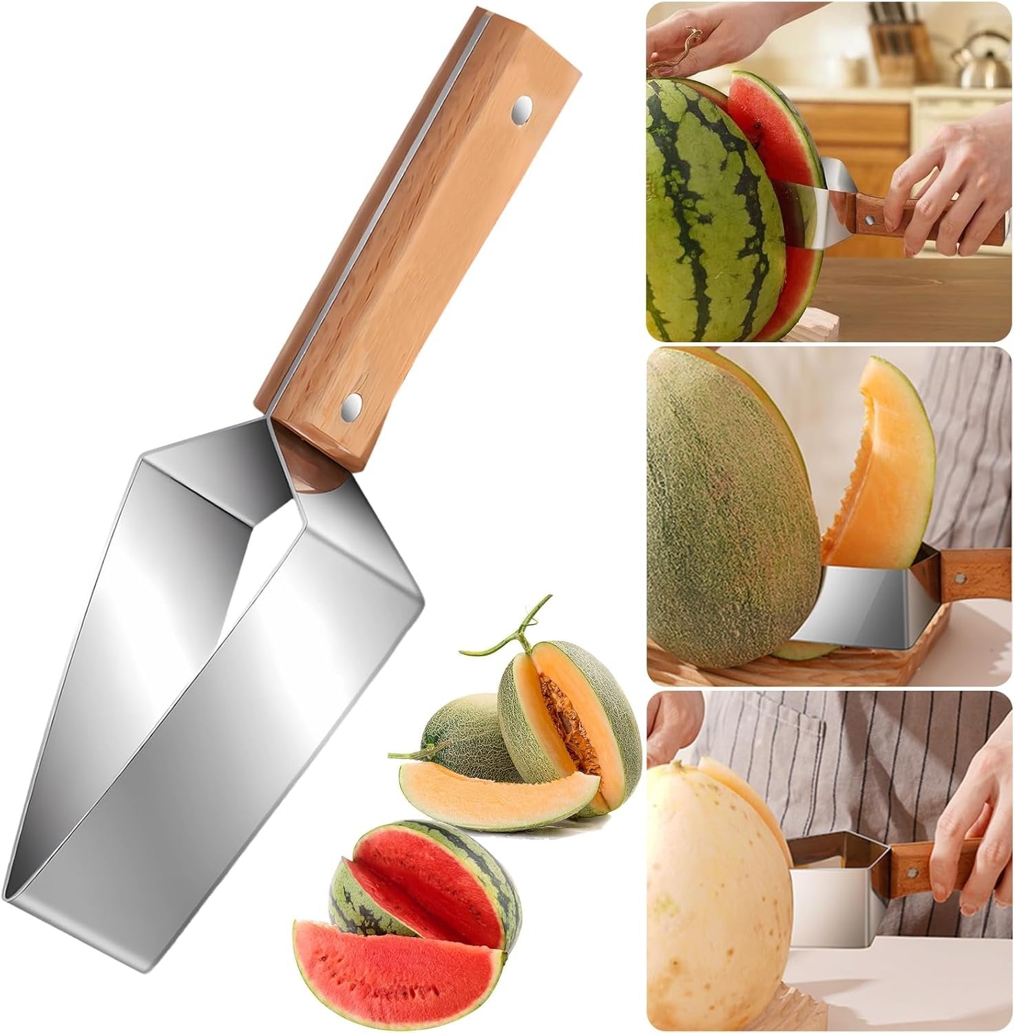Triangulär vattenmelonskiva, rostfritt stål med trähandtag - Melonskärare, fruktskärare för köksredskap