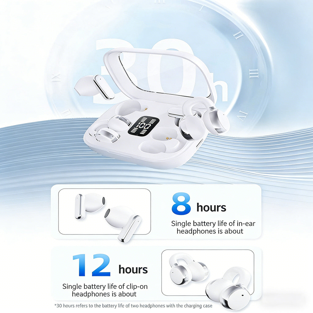 2-i-1 trådlösa Bluetooth-öronsnäckor med öronklämmor och öronproppar | 30 timmars speltid