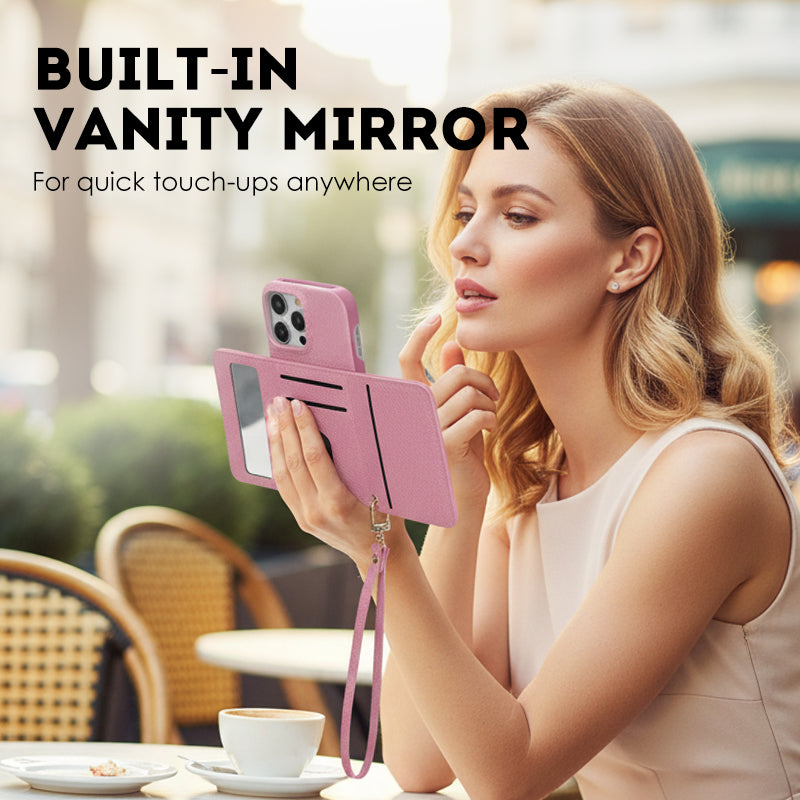 🔥Skyddande rosa mobilskal med spegel och handledsre